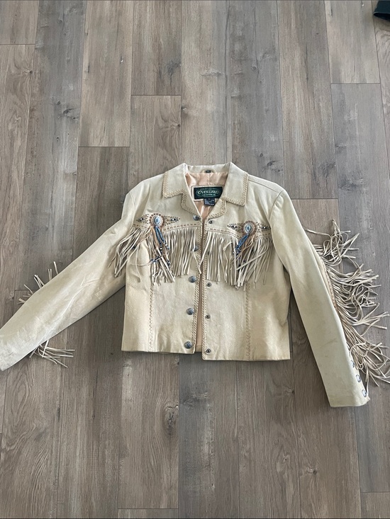 Overland Jackets & Blazers - Overland Cream Leather Fringe Jacket with Beaded Accents